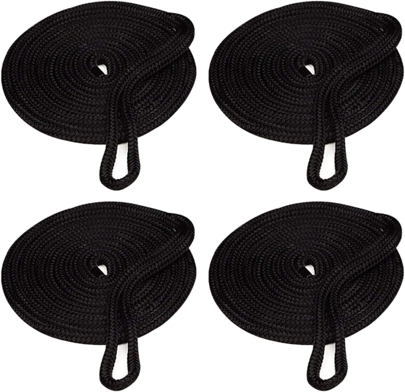 YaeMarine 4-Pack 58 Inch 20 FT Double Braid Nylon Dockline Dock Line Mooring Rope Double Braided Dock Line with 15 Loop for Boats Black