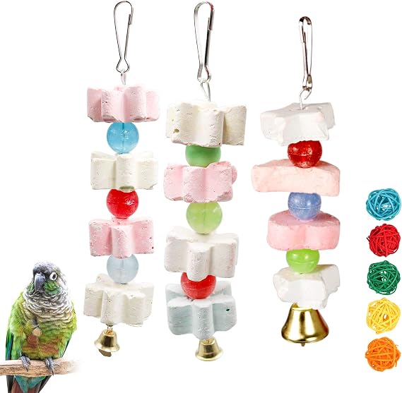 3Packs Parrot Chewing Toy Beak Trimmer Calcium Stone with BellParrot for Cockatiel Conure African Grey Amazon Parrots Parakeet Cockatiel Bird (Style-2)