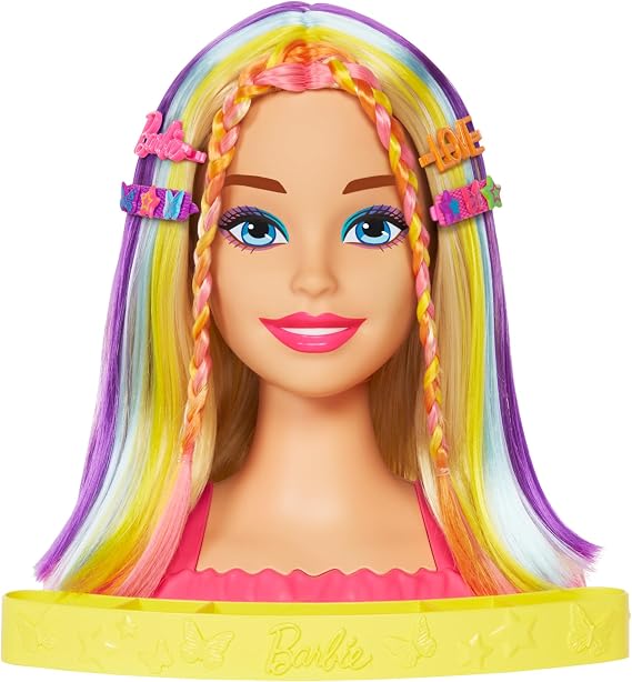 Barbie Totally Hairstyling Doll Head & 20+ Accessories, Color Reveal & Color-Change Pieces, Straight Blonde Neon Rainbow Hair