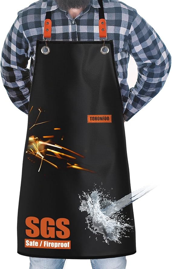 TOHONFOO Welding Apron Fireproof, 24'' x 36'' Double Side Silicone Coated Fiberglass Blacksmith Aprons, Fireproof Grilling Aprons for Men, Waterproof BBQ Apron, Easy to Clean, Black