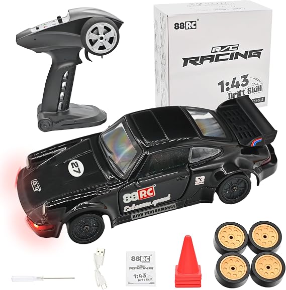 RCドリフトカー - ジャイロスコープ付き1/43ミニRCドリフトカー、2.4Ghzフルプロポーショナル合金リモートコントロールカー、4WDハイスピードRCカー LEDライト付き RCおもちゃギフト用 ブラック
