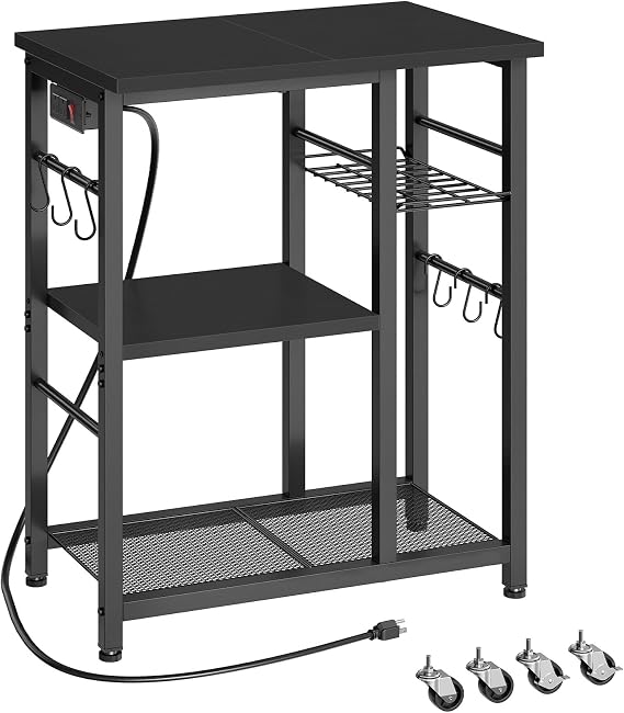YATINEY Movable Bakers Rack, Microwave Stand with Charging Station, Kitchen Storage Rack with Hooks and Basket, Casters and Adjustable Feet, for Small Space, Kitchen, Dining Room, Black HB04UBB
