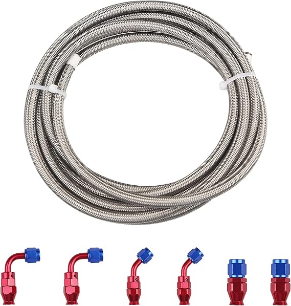 Fuel Line Hose 4AN 1/4" PTFE E85 10FT Fitting Kit Stainless Steel Braided Silver