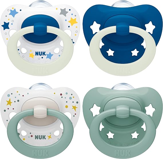 NUK Signature Day & Night Pacifier | 0-6 Months | Calms 95% of Babies | BPA-Free Silicone Heart Pacifiers | Glow in the Dark | Stars | 4 Pack