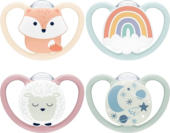 NUK Space Day & Night Pacifier | 0-6 Months | Glow in the Dark Pacifiers with Extra Ventilation for Sensitive Skin | BPA-Free Silicone | Wolf & Sheep | 4 Pack