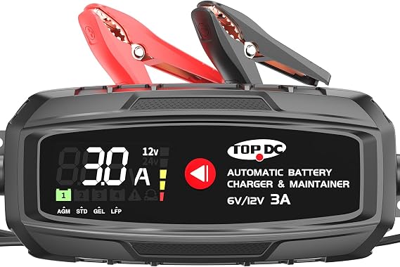 TOPDC 3A 6V/12V Car Battery Charger & Maintainer for AGM and LiFePO4 | 3A automatic charging and maintenance for 6V and 12V car, motorcycle, boat, RV, ATV and lawn tractor batteries.