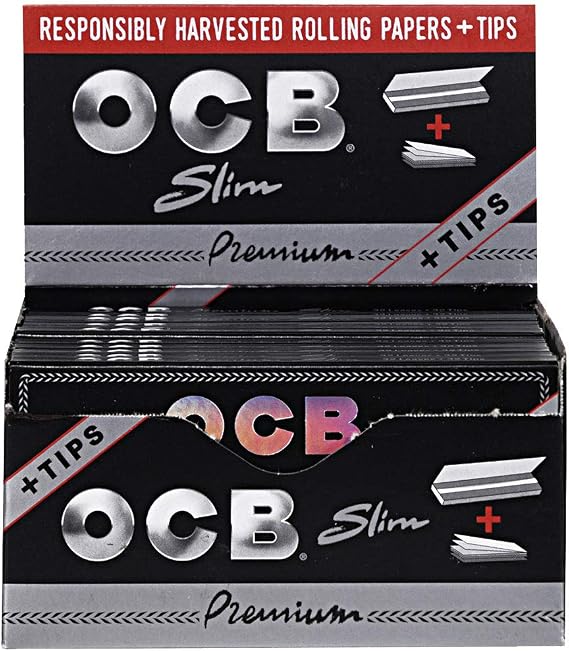 OCB - Premium King Slim Rolling Papers & Tips Display Case - 24 Booklets with 32 Leaves per Booklet