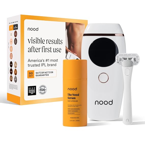 NEW NoodTM Flasher 2.0 + Serum + Shaving Starter Kit IPL Laser Hair Removal Device for Women & Men with Refillable 5-Blade Razors & After Shave to Prevent Ingrowns & Slow Hair Regrowth Gloss White