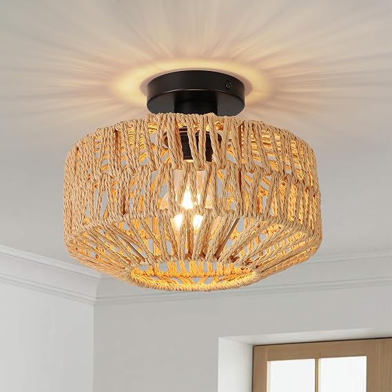 Rattan Ceiling Light, Boho Lamp with Natural Rattan Lampshade, E27 Vintage Chandelier Wicker Light Shade Fitting, Rustic Bamboo Lamp Fixtures for Living Room Bedroom Dining Kitchen Hallway [Energy Class E]