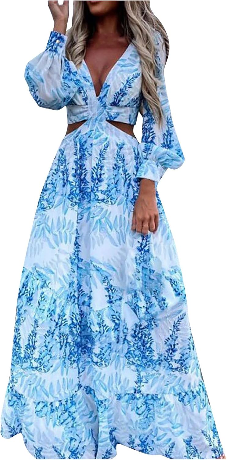 Womens Funeral Outfit Fashion Sexy Long Print V-Neck Sleeves Puff Sleeve Dress Summer Dresses