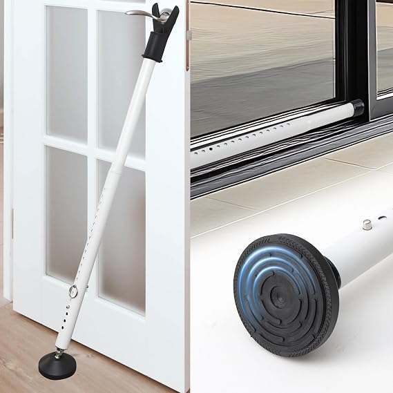 Sliding Door Stoppers Security Bar, 3-in-1 Apartment Patio Door Security Bar from Inside, Adjustable Front Door & Window Barricade Security Stick for Home Safety, Door Jammer Lock Protector, White