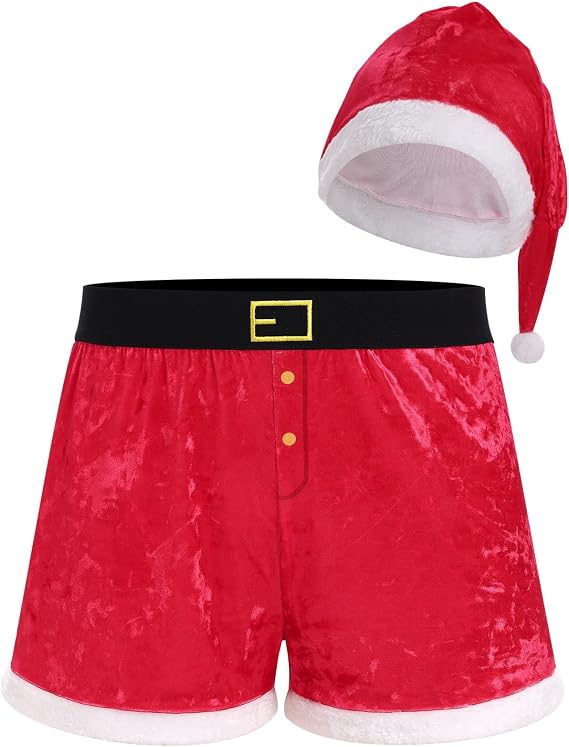ABAFIP Men's Christmas Boxer Shorts Santa Hat Holiday Outfits Briefs Underwear 2Pcs Lingerie set
