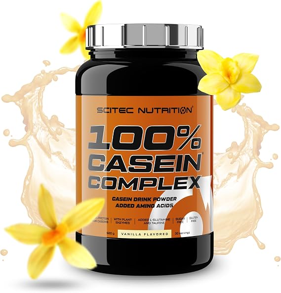 Scitec Nutrition 100% Casein Complex – Micellar Casein Based Casein Complex – with L-Glutamine, Taurine and Plant Enzymes, 920 g, Vanilla