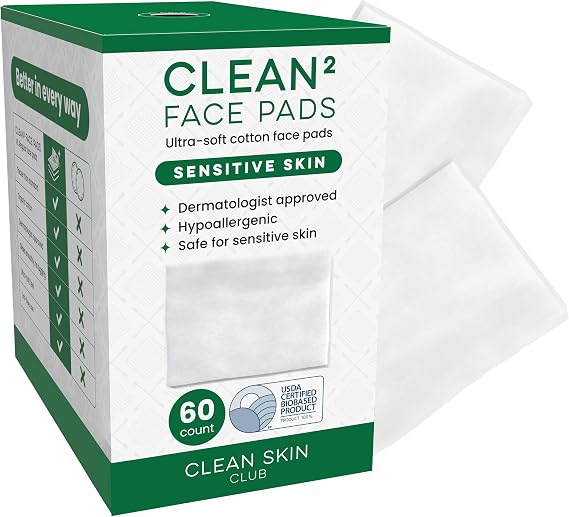 Clean Skin Club Clean2 Sensitive Skin Face Pads Ultra-Soft 100% Organic Cotton, Fragrance-Free & Lint-Free Makeup Remover & Toner, Dermatologist Approved, 60 Ct (Formerly Cloud Pads)