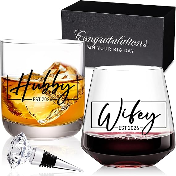 comfit Wedding Gifts for Couples 2026,Bridal Shower Gifts, His and Hers Gift,Whiskey Wine Glasses with Diamond Wine Stopper Set,Anniversary Christmas Gift for Couples,Hubby and Wifey