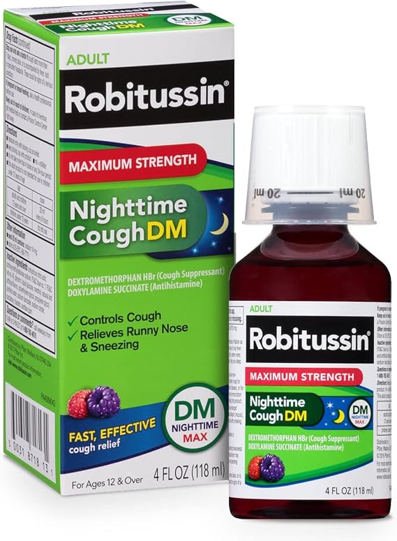 Robitussin Adult Nighttime Cough DM Liquid Maximum Strength - 4 oz, Pack of 2
