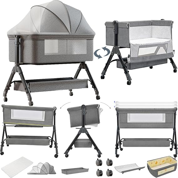 Next to Me Crib, Foldable Baby Bedside Crib, Co-Sleeping Bassinet, Convertible Infant Bedside Cradle Sleeper (X3 Grey)
