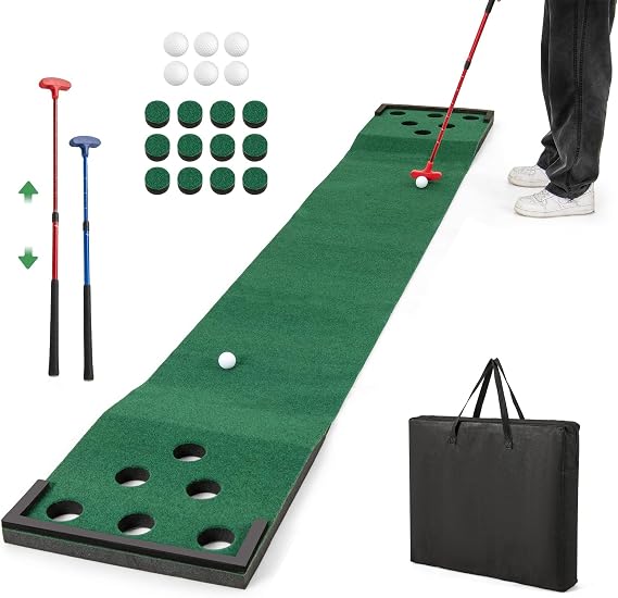 COSTWAY Putting Green Mat, 11 FT Premium Golf Pong Game Set with 2 Adjustable Putters, 6 Balls and 12 Hole Covers, Indoor Outdoor Golf Training Mat