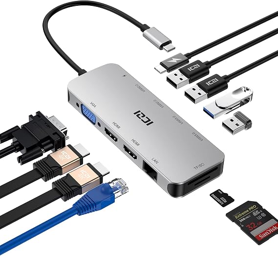 ICZI 11 in 1 Triple Display USB C Hub - Dual Monitor Docking Station for MacBook, Dell, HP, Lenovo, Surface Pro - 2 HDMI 4K, VGA, 100W PD, 4 USB Ports, Ethernet, SD/TF