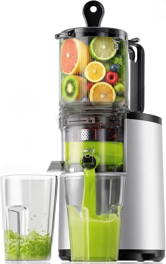 EUHOMY Cold Press Juicer, Silver | 5.5" Extra Large Feed Chute, Slow Masticating, 250W, 99.6% High Juice Yield, Reverse Function