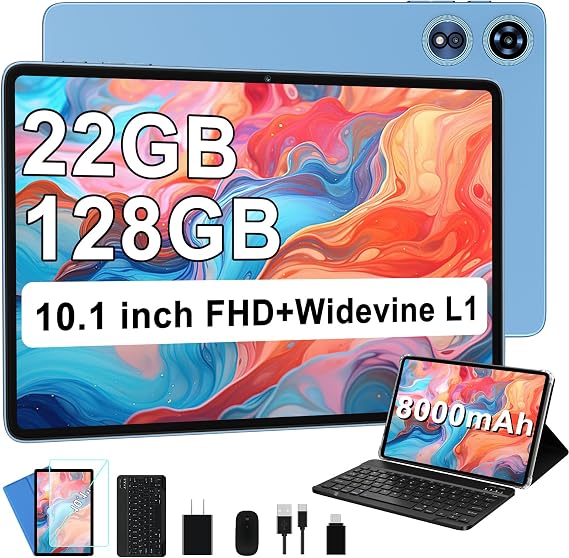 Android Tablet 10 Inch 22GB RAM 128GB ROM 1TB, Android 14 Tablet with Keyboard Mouse, Octa-Core, 8000mAh Battery, HD IPS Display, 5G WiFi, BT 5.0, GPS, Widevine L1, Split Screen - Metal Blue