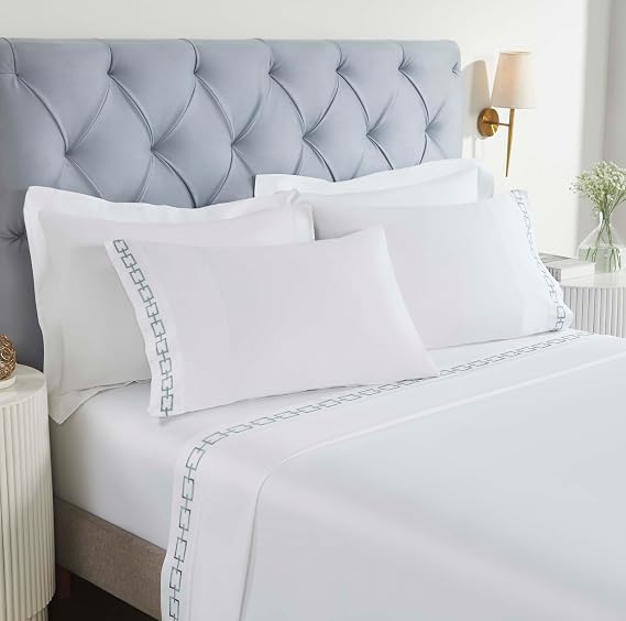 SUPERIOR Embroidered Cotton Bed Sheet Set, 1 Elastic Deep Pocket Fitted Sheet, 1 Flat Sheet, 2 Pillowcases, Daily Sheets, Luxury, Unique Design, Chain Links Collection, King, White-Silver