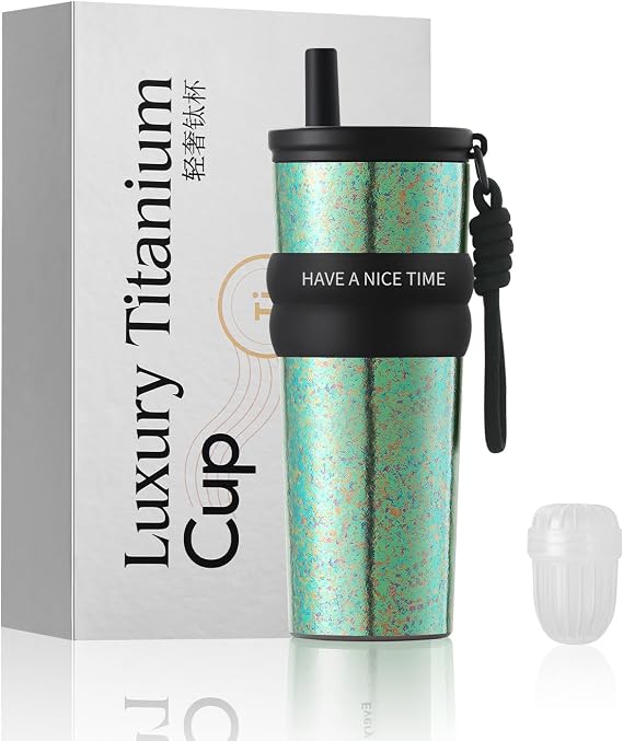 ZING TTI Titanium Coffee Tumbler with Titanium Straw & Flip Lid, Hot & Cold Beverage Travel Mug, Double-Wall Vacuum Insulated Cup, Portable Coffee Cup with Gift Box, 24 oz (green)