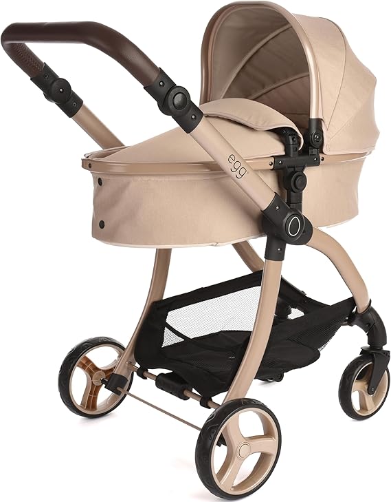 Roma Egg - Feather Dolls Pram and Pushchair, 2-in-1 Seat Unit/Carry Cot, Adjustable Handle 60-78cm, Lightweight, Suitable for Dolls Up to 57cm, Cocoa Leatherette, Gloss Chassis