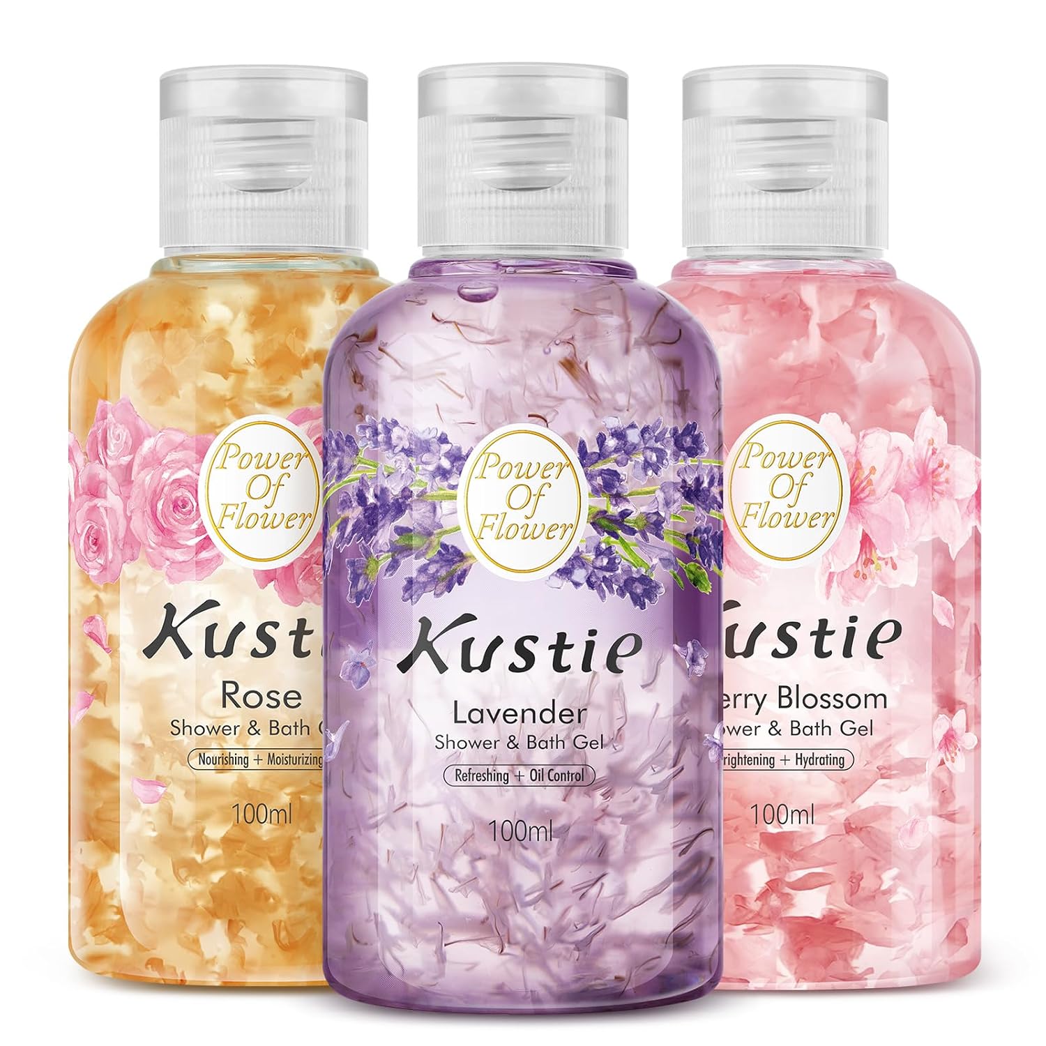 Kustie Flower Body Wash Travel Size Variety 3-Pack,Cherry Blossom, Rose, Lavender – Infused with Real Flower Petals & Essential Oils for Gentle Moisturizing & Relaxation,3.38 oz