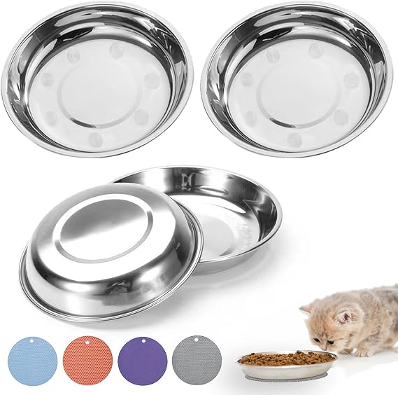 Stainless Steel Cat Feeder, 6.14 inch Wide Shallow Cat Bowls with Whisker Relief, Includes Non-Slip Placemat, Set of 8 for Small Dog & Cat