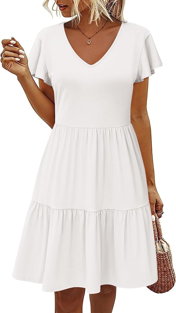 HOTOUCH Women's Casual Summer Dress with Pockets V Neck Ruffle Sleeve A-Line Dresses