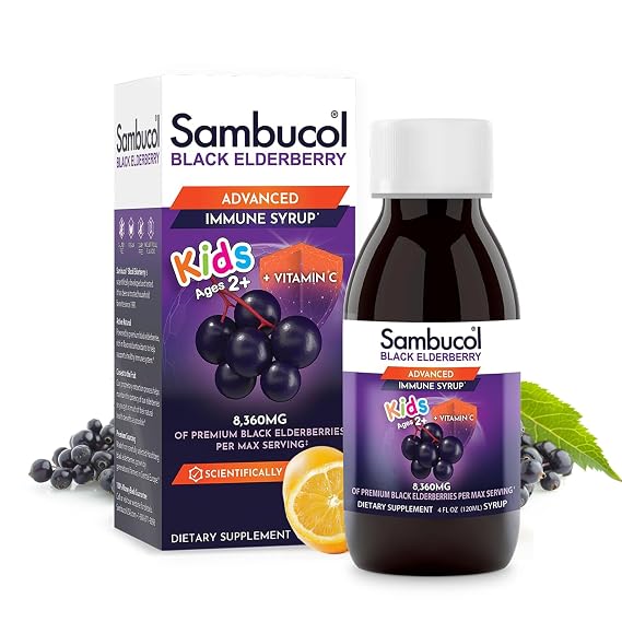Sambucol Black Elderberry Syrup for Kids - High Antioxidants - 4 Fl Oz | Elderberry Liquid with Vitamin C for Kids No Artificial Flavors, Daily Wellness Support, Berry Flavored