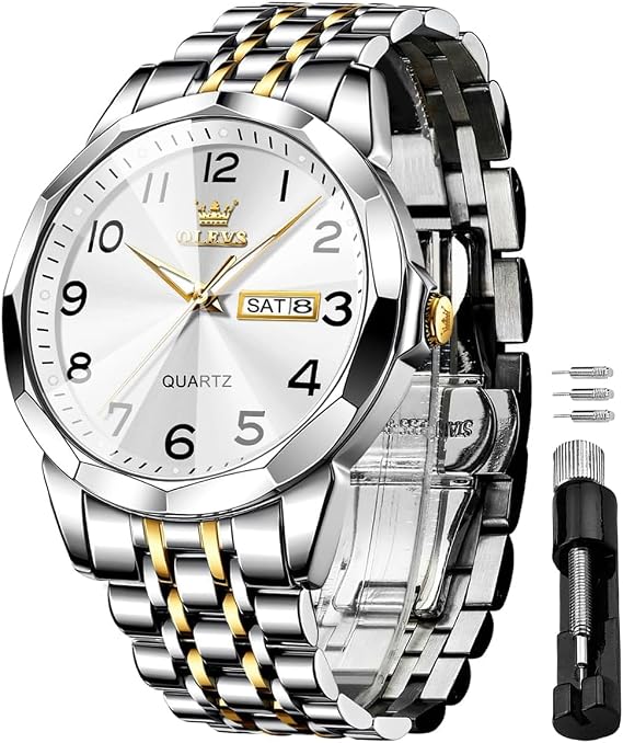 OLEVS Watches for Men Stainless Steel Analog Quartz Waterproof Luminous Luxury Dress Date Diamond Business Casual Mens Wrist Watch（Gold/Blue/Black/White Dial）