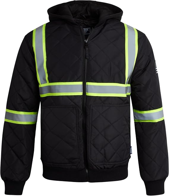 Bass Creek Outfitters Mens Quilted Hi Vis Bomber Safety Jacket with Hood | Warm Fleece-Lined Workwear, Reflective Tape, High-Visibility Coat for Construction, Roadwork, and Cold-Weather Jobs