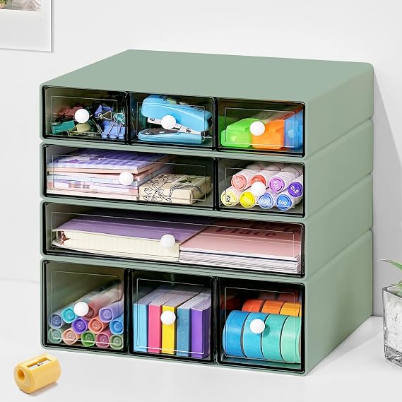 Desk Organizer with 9 Drawers, 4 Tier Plastic Stackable Storage Drawers for Desk Storage, Office Stationary Makeup Organizer Suit for Home Office and School