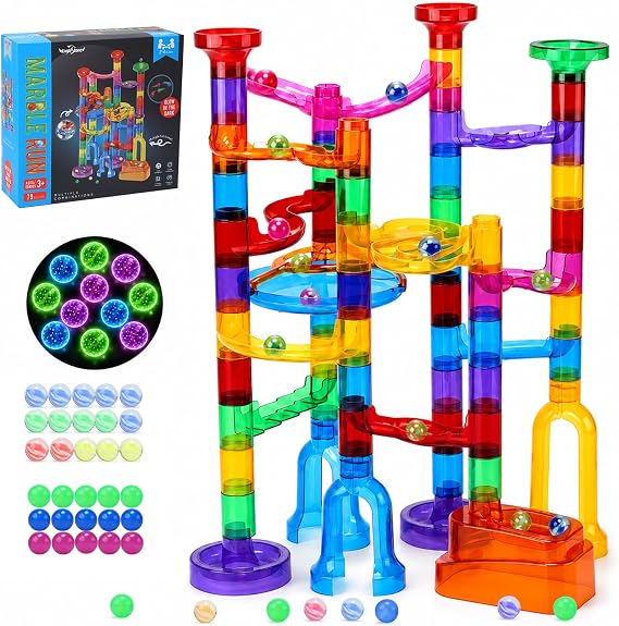EagleStone Transparent Marble Run with 15 Glow in the Dark Glass Marbles