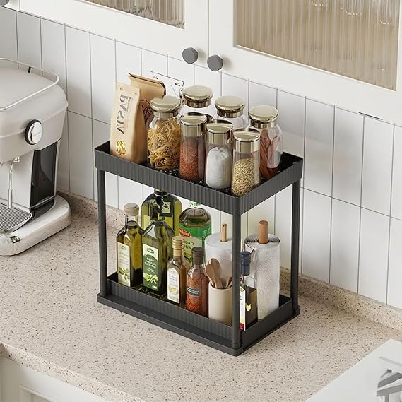 MAX Houser Under Sink Organizer 1 Pack Metal, Modern Black 2 Tier Sliding Cabinet Basket Organizer Drawer, Multi-Purpose Bath Collection Baskets for Bathroom & Kitchen