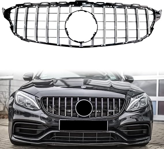 GTR C Class Grill Front Grille for Mercedes Benz C300 C200 C250 2015 2016 2017 2018 without Camera Model, NOT Fit for C63 AMG S Style Silver