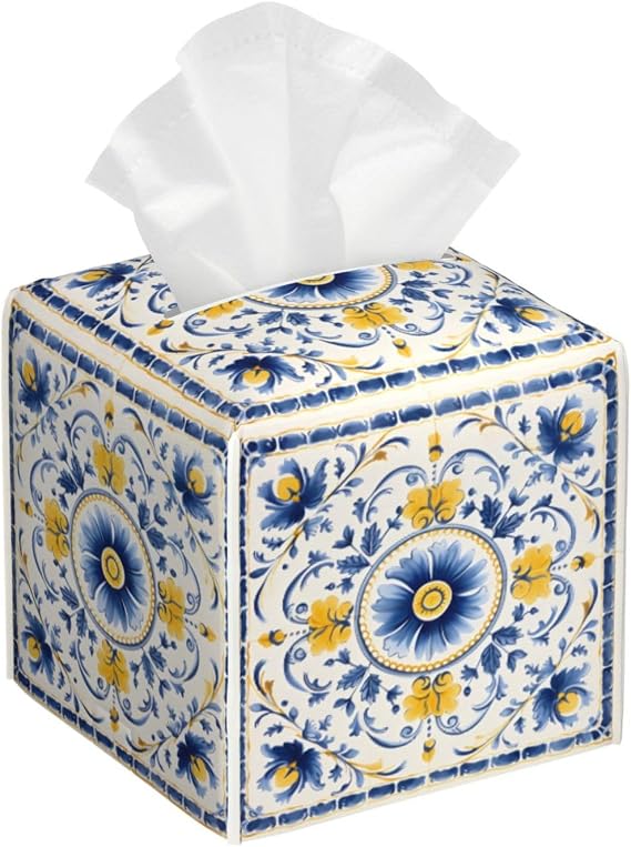 Square Tissue Box Cover Ceramic Tiles Vintage Ethnic Floral Cube Tissue Holder Cover Pu Leather Tissue Box Holder for Office Kitchen Car Bathroom Facial Paper Organizer Dispenser Covers