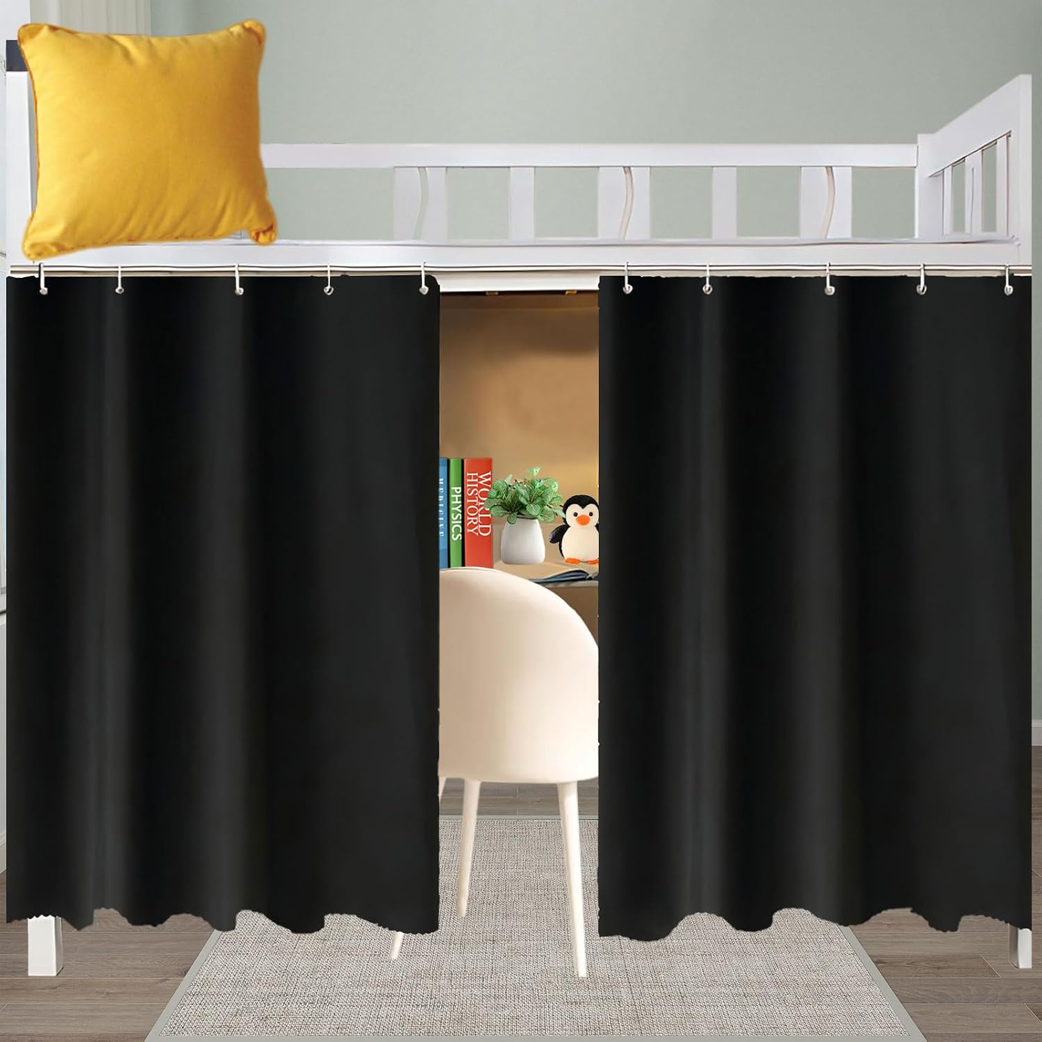 Blackout Bunk Bed Curtain Student Room Privacy Canopy 2 Panels Black