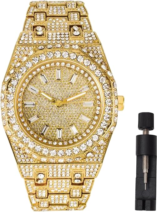 Mens Iced Out Bling Boss Watch 43MM Gold Silver Plated Full Iced Out Hip Hop Luxury - Sparkling Lab Diamond CZ Baguette & Precise Quartz Movement - Gift Box Included