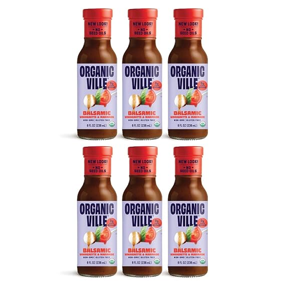 Organicville Balsamic Vinaigrette & Marinade - Organic Vinaigrette with No Seed Oils, Keto & Paleo Friendly, Vegan, No Canola or Soy, 0g Added Sugar, Dressing & Dip - 8 fl oz (6 Pack)