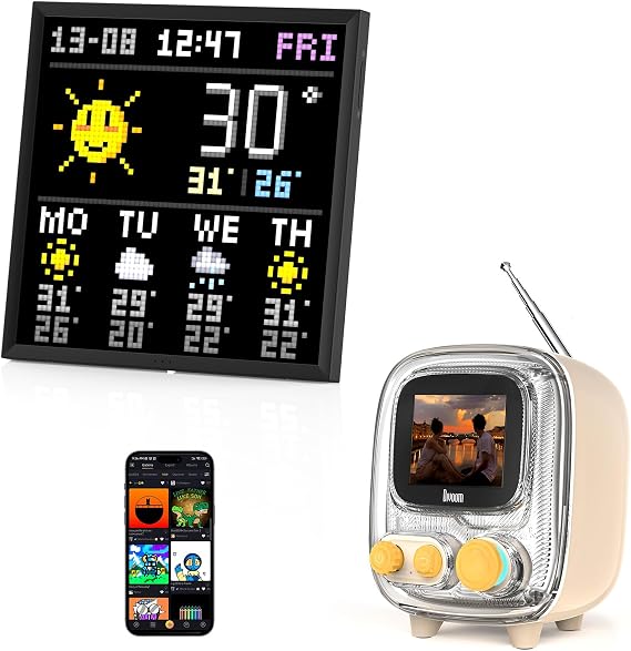 Divoom Pixoo-64, 64 X 64 LED Panel Display Frame + Divoom Tiivoo-2 Pixel Art Mini TV Retro Bluetooth Speaker with FM Radio Cream