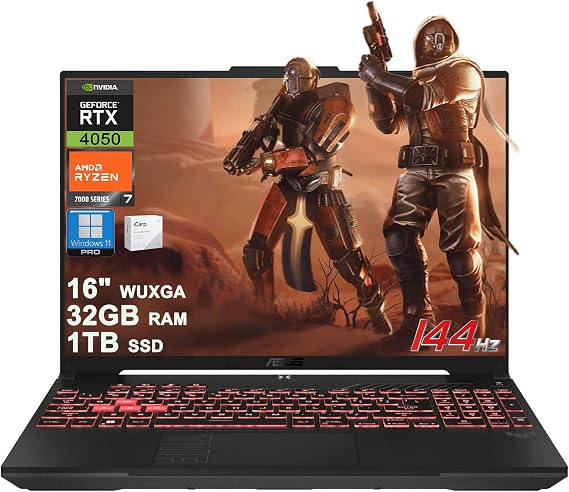 ASUS TUF Gaming A16 Laptop 16" WUXGA IPS 144Hz AMD 6-core Ryzen 7 7445HS 32GB RAM 1TB SSD GeForce RTX 4050 (Up to 194 AI Tops) RGB Backlit USB4 Two-Way AI Noise Cancelation Win11Pro ICP Acc