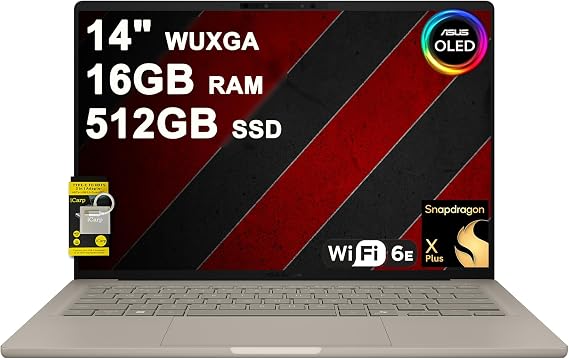 ASUS Zenbook A14 Laptop 14" WUXGA OLED (100% DCI-P3, 600nits HDR) Qualcomm 8-core Snapdragon X Plus (Up to 45 Tops) 16GB DDR5 512GB SSD for Creator Business Professional Win11 ICP Hub w/Copilot+ AI