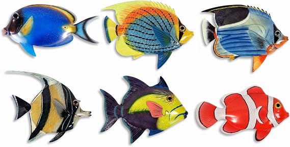 Handpainted L-B Tropical Fish Replica Wall Mount Decor Plaque 6" (Set of 6)