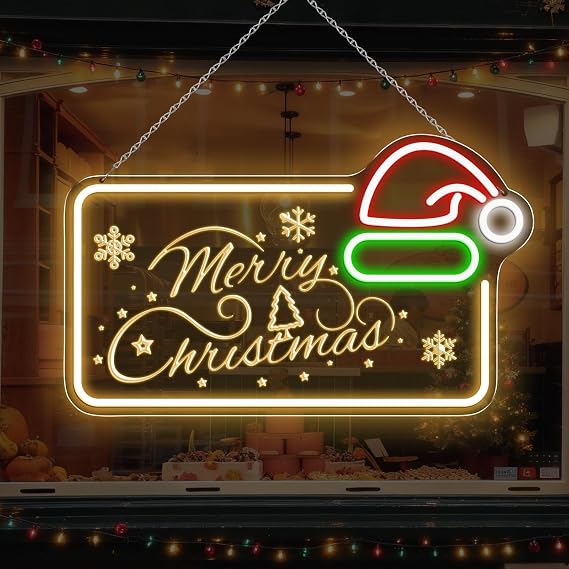 16.5 x 10" Merry Christmas Neon Sign, Carving LED Sign with Santa Hat, USB Powered with Dimmable Switch for Xmas Party Kids Bedroom Bar Pub Club, Christmas Gift Decorations