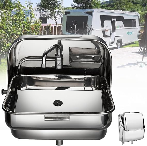 RV Sink, Folding Single Bowl Sink,Multifunctional Hand Wash Basin,with Curved Faucet,for Bars, Food Trucks, Campers