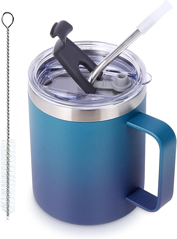 Volhoply 12oz Insulated Leakproof Coffee Mug with Sliding & Straw Lid,Double Wall Vacuum Stainless Steel Travel Tumbler Cup with Handle,Reusable Camping Mugs Keep Cold/Hot(Dark Night,1 Set)