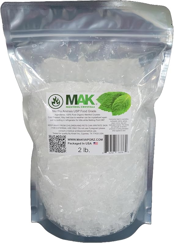 Mak Menthol Crystals 2 LB - Pure Organic 100% Natural - Menthol Crystals from Mint Crystal Mints Mentha Arvensis -  in Resealable Standup Bag for Long-Lasting Freshness